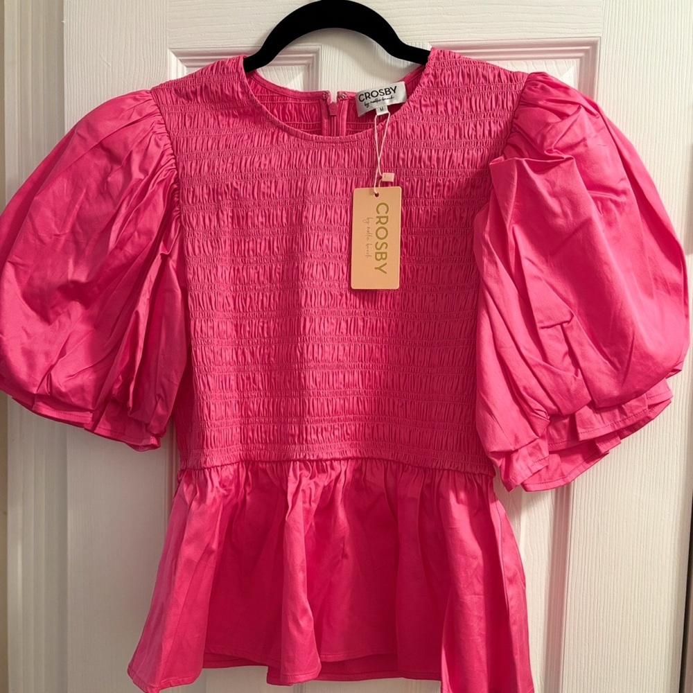 CROSBY by Mollie Burch NWT Fuchsia Sloan Puff Sleeve Smocked Blouse